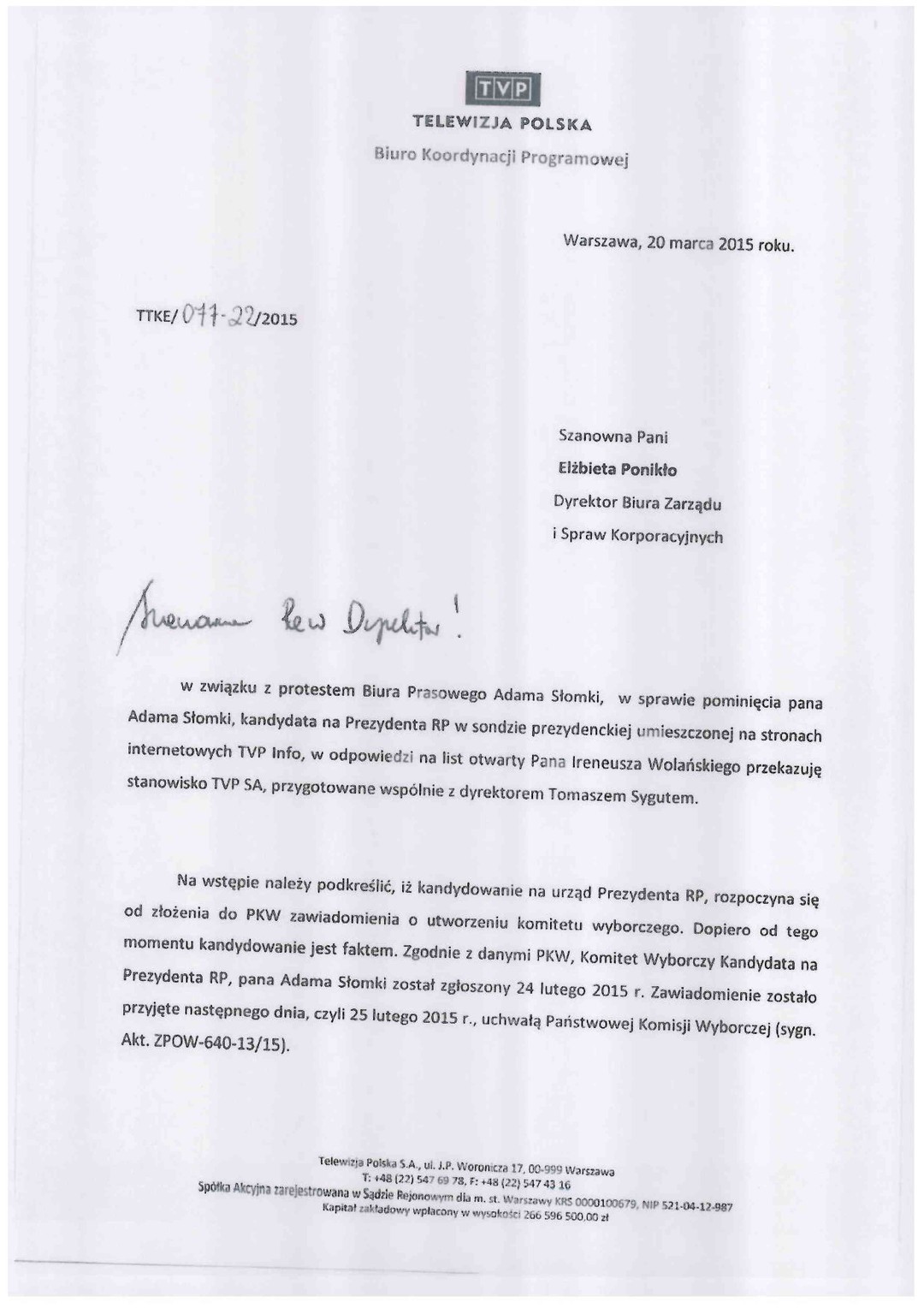 Pismo S. Zielińskiego z TVP do KRRiT w sprawie cenzurowania Adama Słomki, str. 1