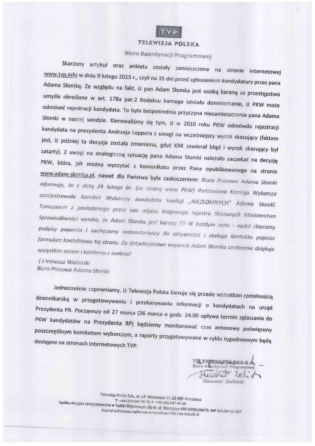 Pismo S. Zielińskiego z TVP do KRRiT w sprawie cenzurowania Adama Słomki, str. 2